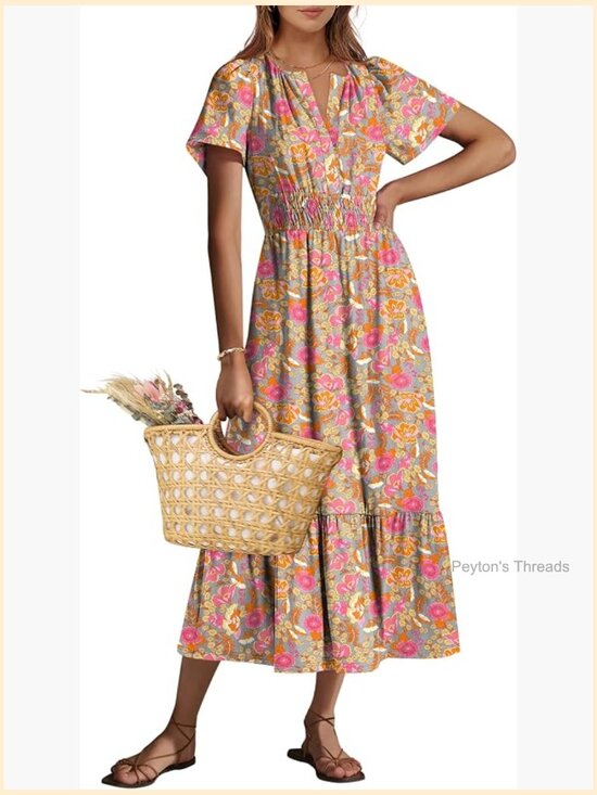 Dresses & Skirts - Women's Short Sleeve Maxi Dress V-Neck High Waist A-Line Flowy Tiered Boho